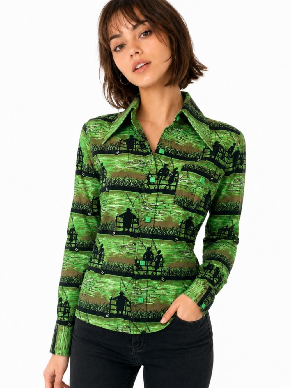 Vintage 70s Martini Green Novelty Fishing Print Polyester Shirt XS